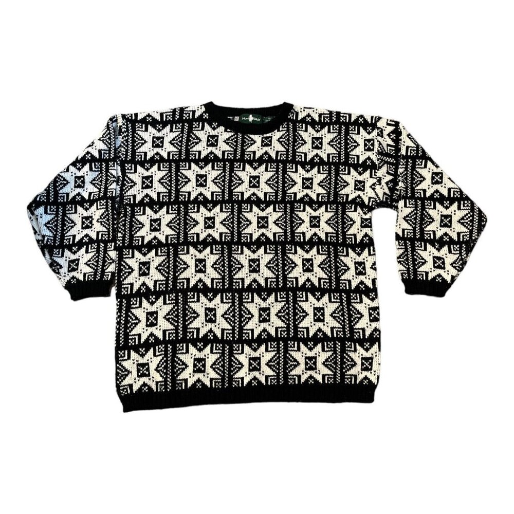 Vintage Hunt Club Adult Medium Sweater Geometric Stars Black White Oversized